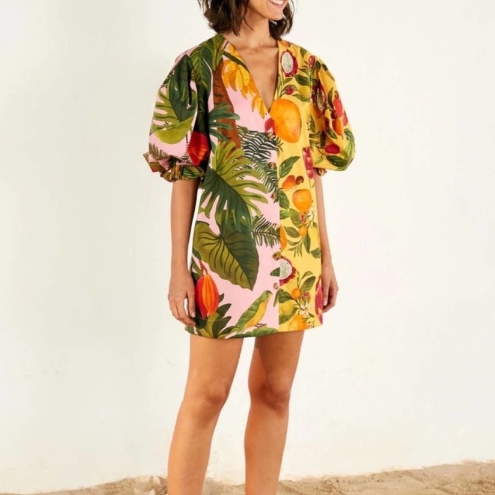 FARM Rio Mixed Prints Tropical Fruit Parrot Mini Dress Puff Sleeve V Neck XS